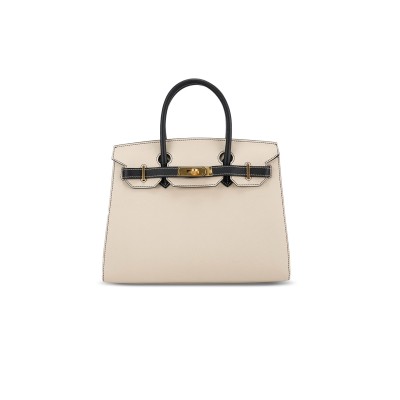 HERMES BIRKIN 30 EPSOM SELLIER MILKSHAKE WHITE AND BLACK SILVER BUCKLE H028368CK5Z (30*23*15cm)